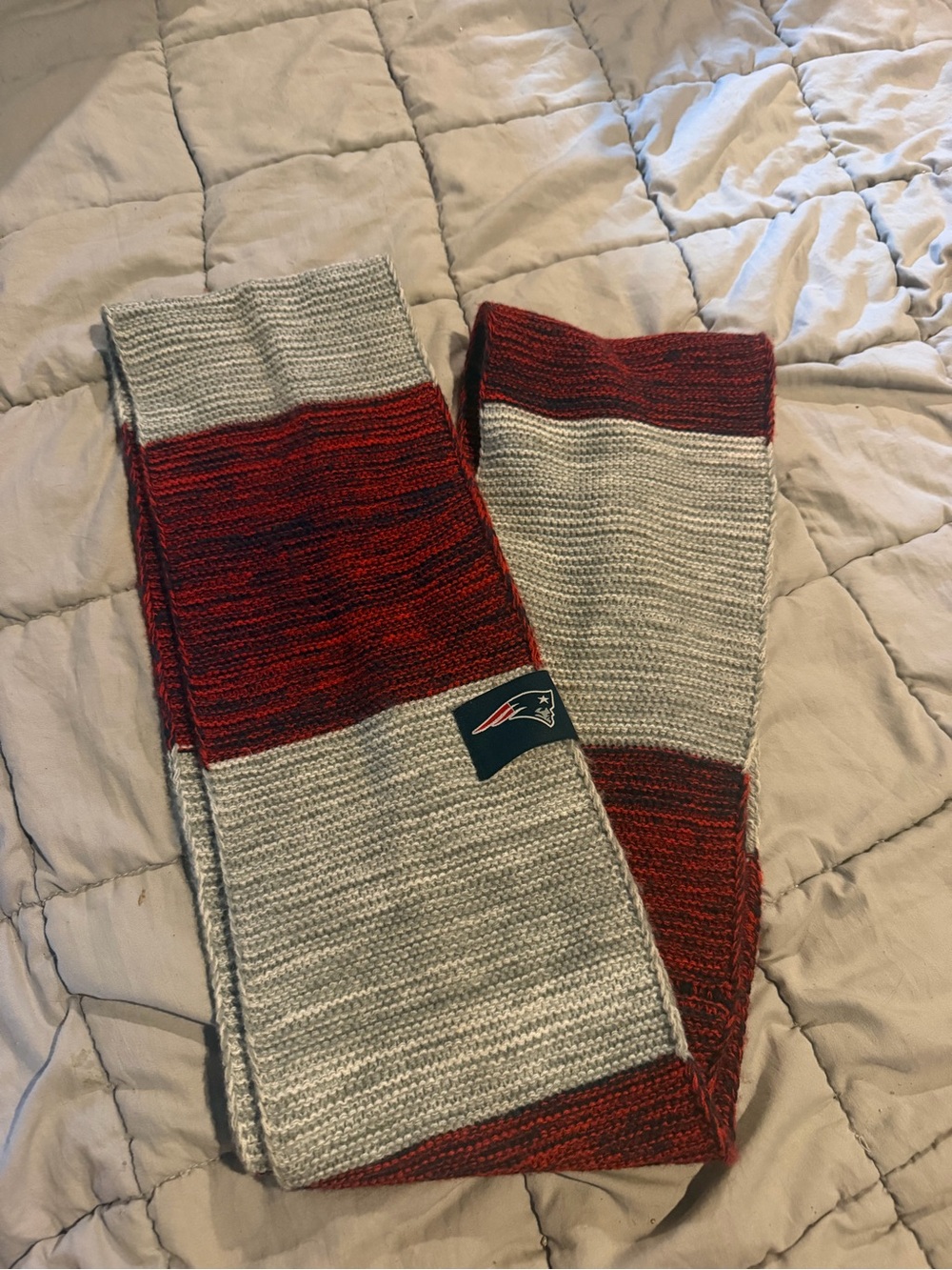 Red and Gray Knit Team Scarf with Logo Patch Patriot’s